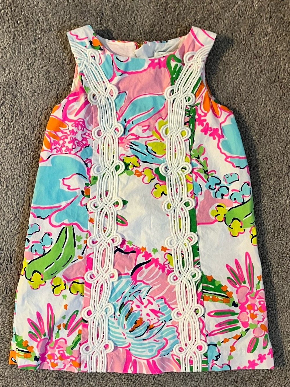 Lilly Pulitzer Girls Multicolor Floral Shift Dress with White Lace Trim
